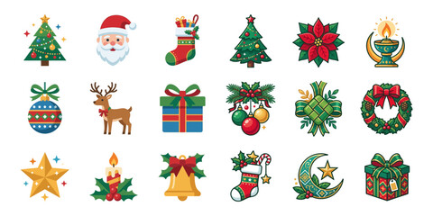 Fototapeta premium Pixel Art Christmas Icons Set: Santa, Trees, Gifts, Reindeer, Ornaments, Wreath