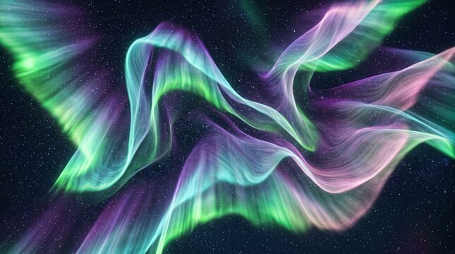 Aurora Abstract Background, Aurora borealis ribbons create a vibrant display of neon green and violet light swirling across the dark night sky.