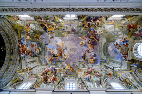 Wide angle view of the baroque ceiling fresco Triumph of Saint Ignatius by Andrea Pozzo in the Church of Sant Ignazio di Loyola in Rome, Italy