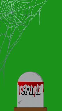 Vertical Halloween sale animation with dripping blood on a rising tombstone and a spider web, isolated on a green screen background for easy chroma keying.