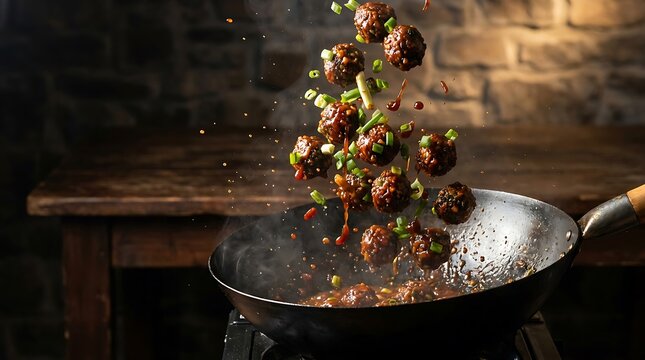 Fresh meatballs and vegetables stir fried in a hot black metal kitchen frying pan. manchurian