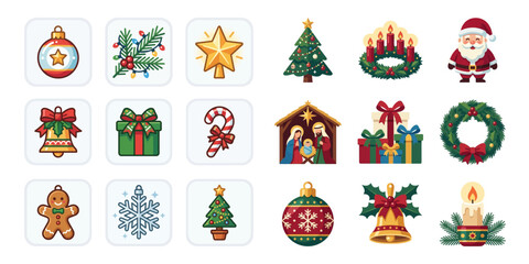 Fototapeta premium Christmas Icons Collection: Santa, Tree, Gifts, Ornaments, Nativity, Wreath, Snowflake