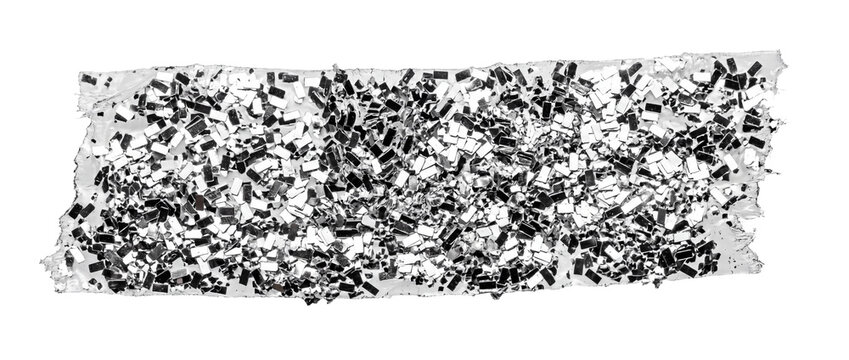 Ripped silver glitter tape strip with metallic sequins isolated on transparent background, PNG element