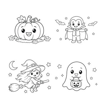 Cute Halloween Characters Coloring Page Collection &ndash; Kawaii Pumpkin, Vampire, Witch, Ghost and Bat Cartoon Line Art Vector Set for Kids