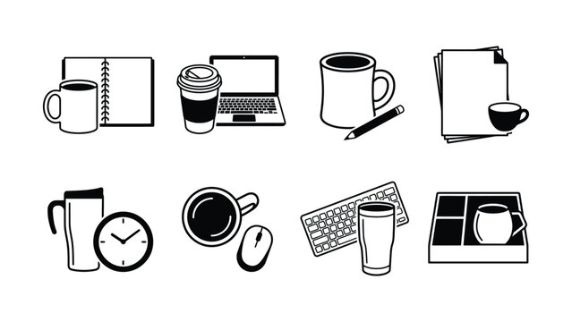 Black and white office icons with coffee cups