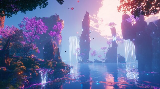 Magical sunset fantasy lake, glowing flora, waterfalls, game background