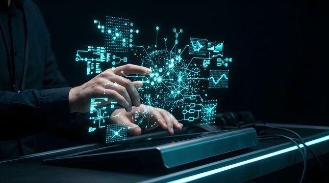 Professional using touch screen to analyze global digital data network