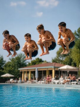 Vier Jungen springen gleichzeitig mit angezogenen Knien in das Becken eines deutschen Freibads. Der eingefrorene Actionmoment zeigt Mut, Freundschaft und puren Sommerspa&szlig;.