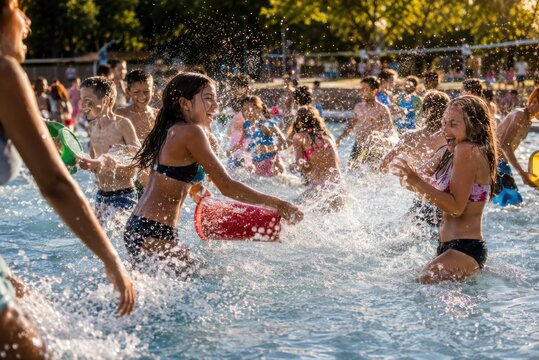 Kinder und Jugendliche liefern sich im vollen deutschen Freibad eine ausgelassene Wasserschlacht mit Eimern. Fliegende Tropfen und Lachen vermitteln lebendige Sommerfreude.