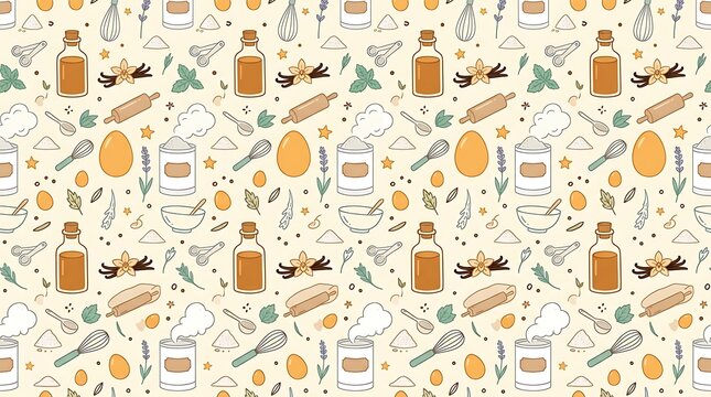 Seamless pattern of hand drawn baking ingredients and kitchen tools
