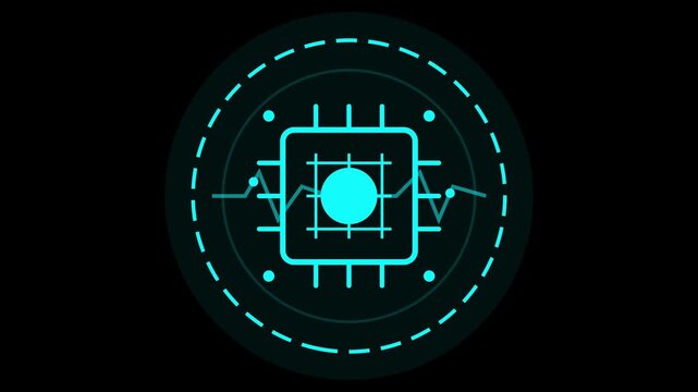 Futuristic digital microchip processor icon featuring glowing cyan neon circuitry and motion interface animation against a dark technological backdrop