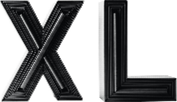 Bold uppercase letters XL in halftone dot effect, creating layered 3d appearance with shadow, modern graphic design font element.