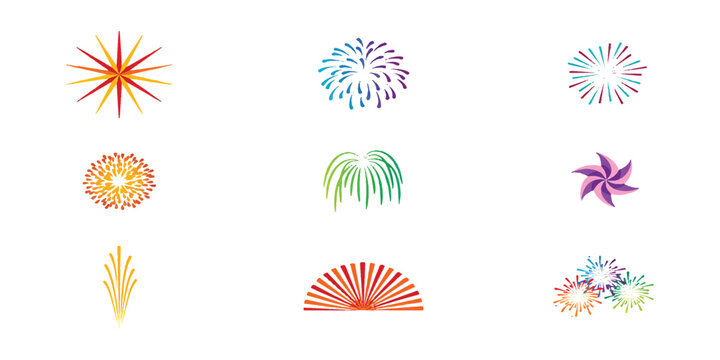 Colorful fireworks collection with various bright explosion shapes for festive celebration designs