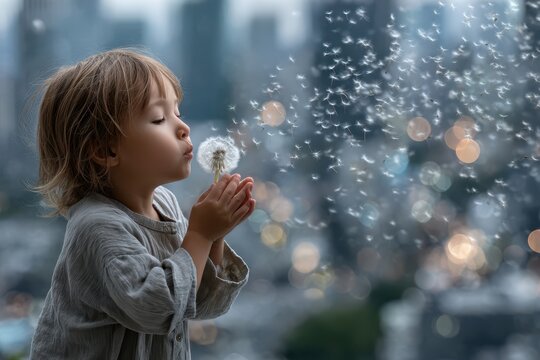 Child blowing dandelion seeds against a city skyline during twilight