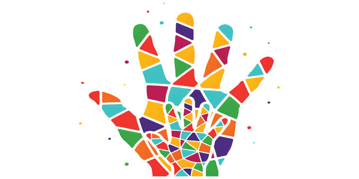 Colorful mosaic hand print illustration with a smaller child hand inside for unity and diversity