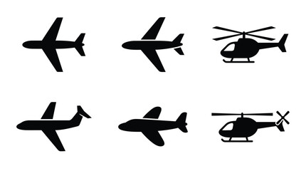 Aircraft silhouette illustration featuring airplanes and helicopters symbolizing aviation, travel, flight, transportation, and modern air mobility in minimal style © Ali