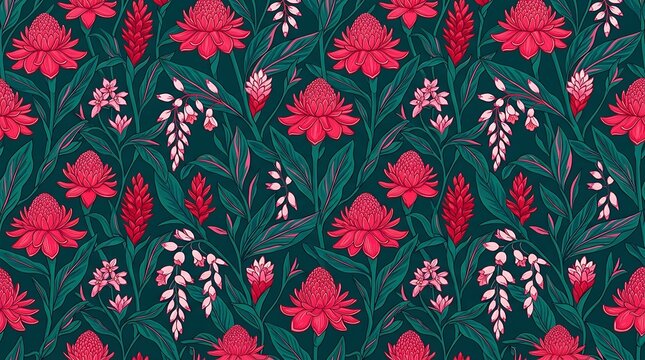 Seamless pattern with vibrant red tropical ginger flowers