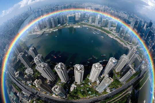 Vibrant rainbow arches over a modern city skyline and winding river