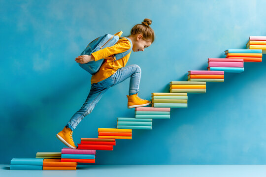 Happy schoolgirl climbing stairs with steps made of colorful books, back to school, girls education and literacy day concept