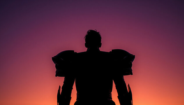 Backlit Fashion Silhouette with Exaggerated Proportions Against Vibrant Purple Orange Gradient Sky - Cinematic Low Angle Shot