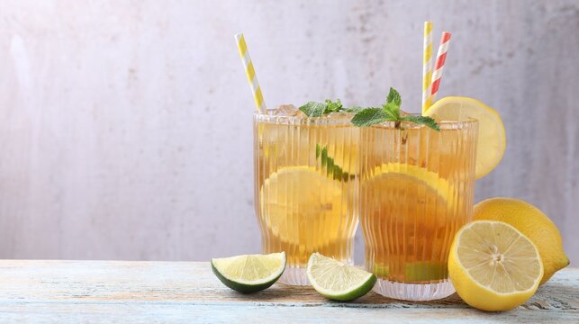 Refreshing ice tea with lemons, lime and mint on wooden table, closeup. Space for text