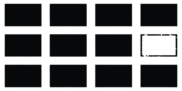 Set of black rectangles and one empty frame icon with a distressed texture border