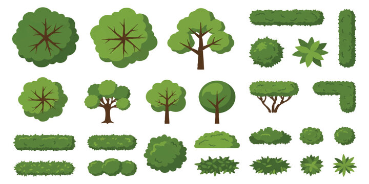 Set of green trees and garden bushes icons for map design and landscaping projects in flat vector illustration