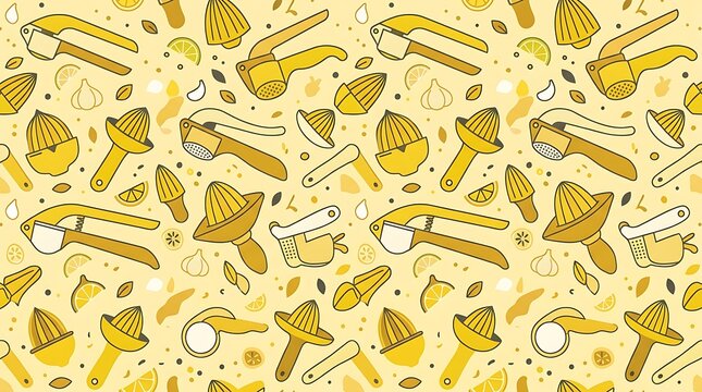 Seamless pattern with kitchen tools for garlic and citrus