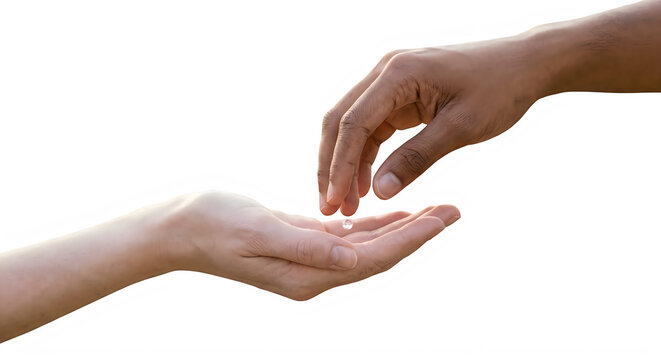 Two hands gently touching fingertips on transparent background