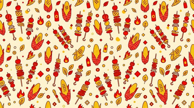 Barbecue food seamless pattern with skewers and grilled corn