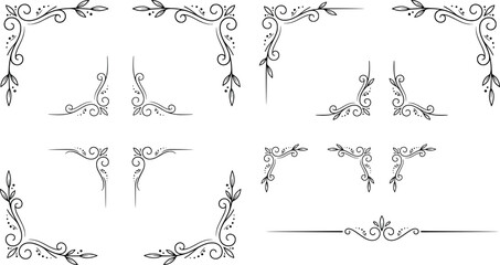 Set of vintage floral corner borders and dividers, decorative flourishes for wedding invitations and greeting cards, elegant calligraphic elements transparent background © SampaRani