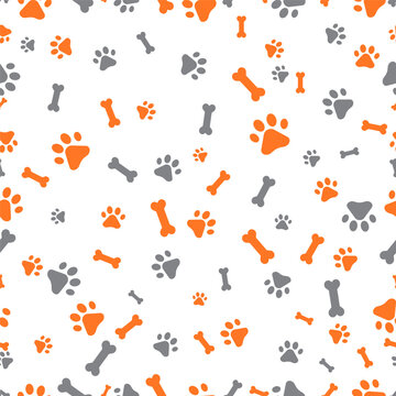 Seamless pattern with cute orange and grey dog paw prints and bones