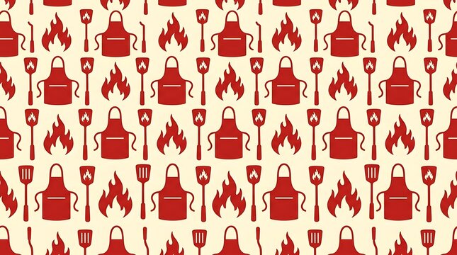 Seamless barbecue pattern with aprons flames and spatulas