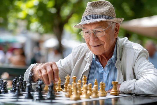 Elderly man playing chess in the park