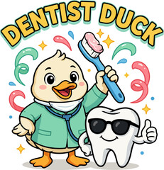 Naklejka premium Cute cartoon dentist duck character holding a toothbrush with a happy smiling tooth wearing sunglasses