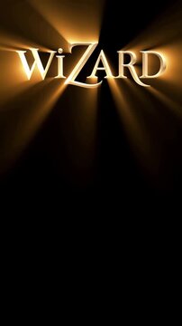 Glowing golden wizard text on an empty black background, vertical video featuring magical fantasy lettering with enchanted light effects and mystical energy