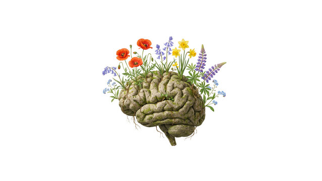 Mind Garden: A human brain rendered with the texture of aged earth, sprouting with a vibrant array of wildflowers, symbolizing the growth and beauty of the mind and the blossoming of ideas.