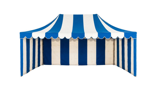 Striped Tent Canopy: A vibrant blue and white striped tent canopy stands ready, its distinctive pattern suggesting a festive event or market stall.