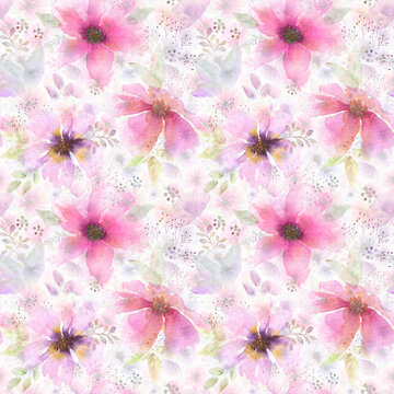 Seamless Watercolor Pink Wildflower Floral Pattern on Soft White Background