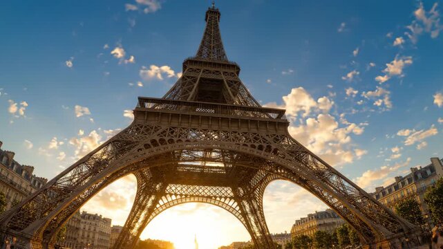 Majestic parisian eiffel tower architectural structure captured with a low angle, revealing intricate ironwork against a vibrant twilight sky for travel promotion.