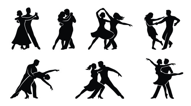 Couple dance silhouette illustration featuring ballroom, tango, and waltz poses symbolizing elegance, rhythm, romance, and artistic movement design