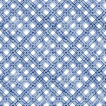 Seamless Watercolor Blue Trellis Pattern with White Floral Motifs