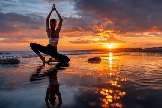 Practicing yoga on the beach at sunset with calm waves and a colorful sky