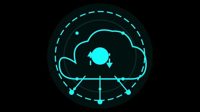 Digital cloud networking concept visualization featuring interconnected data nodes and streaming information flow cycles in a glowing neon futuristic interface environment