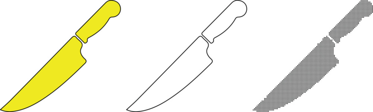 Chef Knife Silhouette Collection with Outline, Filled and Halftone Dot Bundle Vector Set