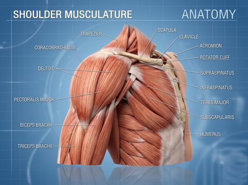 Detailed human shoulder musculature anatomy chart with shoulder, musculature