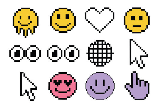 Retro pixel emoticons and computer cursors set featuring smiling faces hearts disco ball and pointer for digital projects