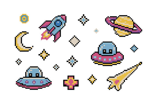 Retro pixel space collection featuring a rocket, planets, uf os, stars, and moon in a colorful 8-bit game style on a white background