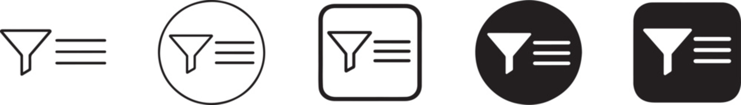 Filter list icon set with funnel, menu, sorting and search symbols for dashboards and data management.