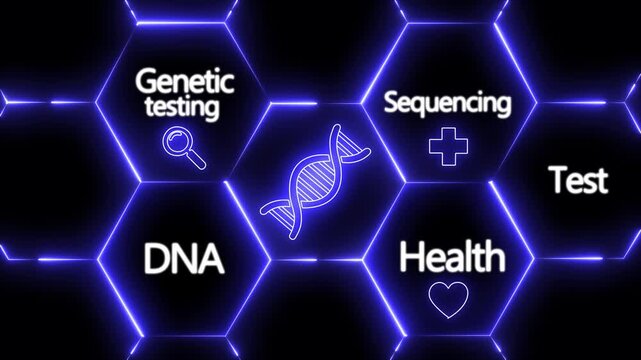 A medical a glowing DNA icon on a digital screen, surrounded by genetic and health-related terms like "Sequencing" and "Test." DNA genetic testing and sequencing hexagons on dark background..